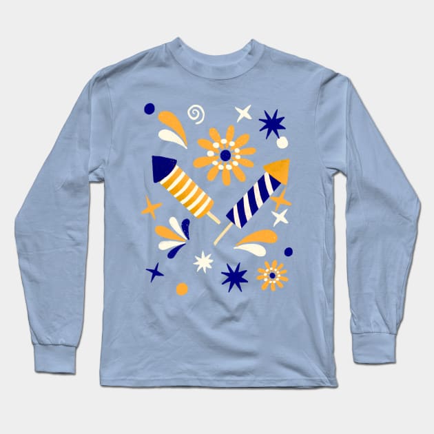 Blue and yellow retro fireworks Long Sleeve T-Shirt by Home Cyn Home 